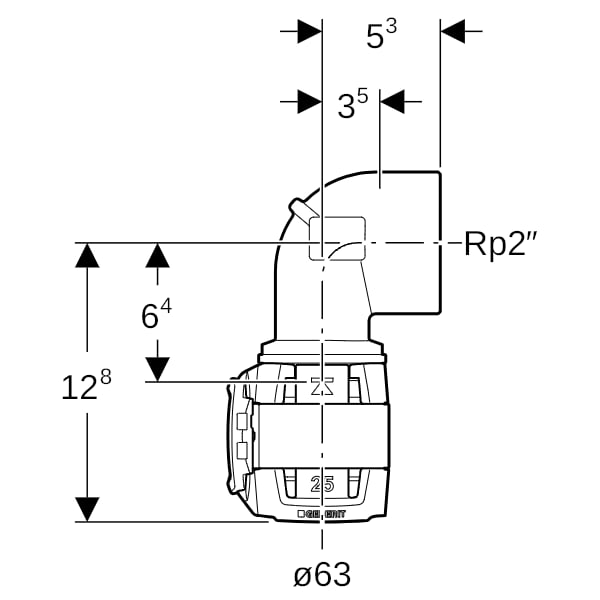 Geberit FlowFit Übergangsbogen 90Gr mit IG Rg+ 90Gr d63-Rp2