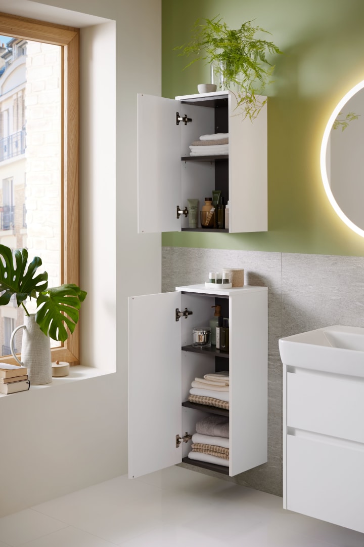 Geberit Renova Plan Mittelhochschrank m.1 Tür 33x85x29,7cm, weiß/l. seidenmatt