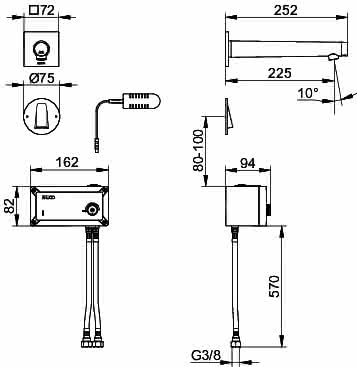 KEUCO Elektronik-WT-Mischer IXMO 59517 Wandm. UP, eck. Ausl.225mm verchr.
