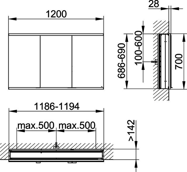 KEUCO Royal Modular 2.0 SPS, bel. 80031, Einb,1Steckd/USB,sb-elox,1200x700x160mm