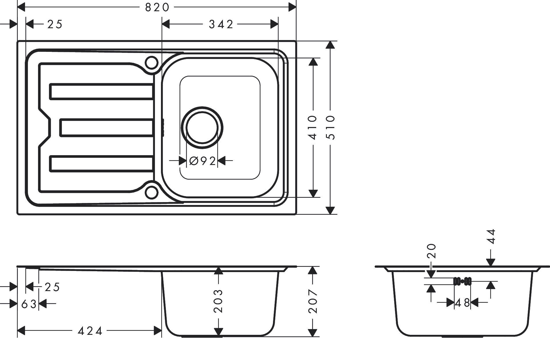 Hansgrohe Einbauspüle S440-F342 79 Abtropffl.  kurz autom.Ablaufgarnitur Edelstahl