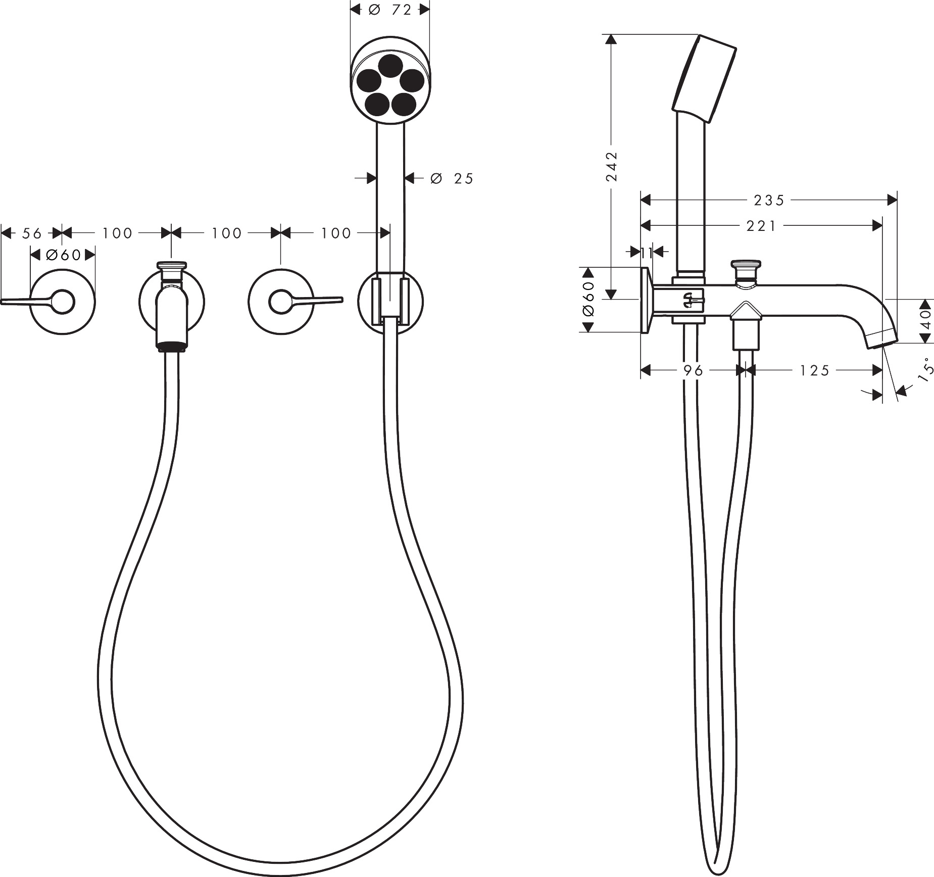 Hansgrohe 3-Loch Wannenarmatur AXOR One Unterputz Wandm.Handbrause Hebelgr.BN