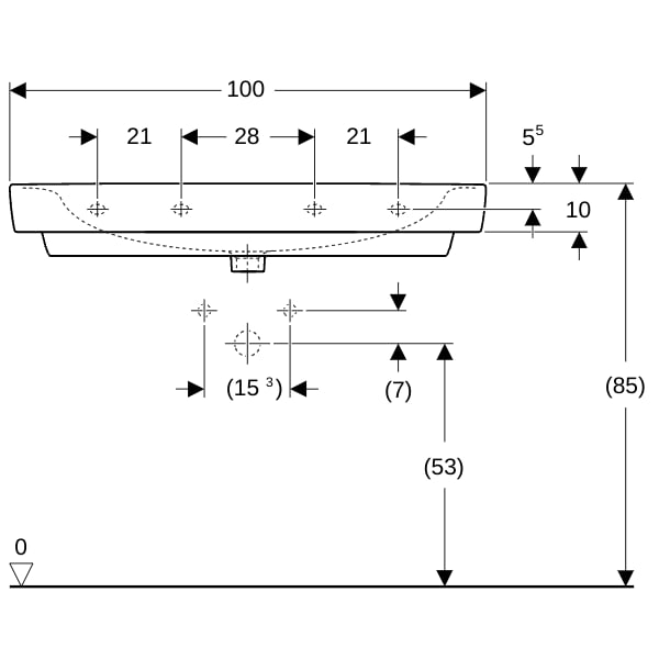 Geberit Renova Plan Waschtisch, 100x48cm m. Hl., o. Ül., weiß