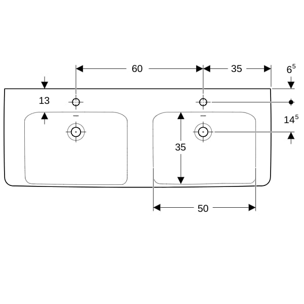Geberit Renova Plan Doppelwaschtisch 130x48cm m. Hl., m. Ül., weiß