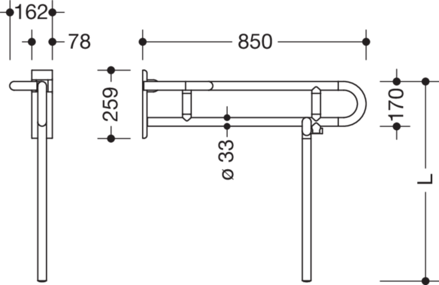 HEWI SK-Griff drehb Ser 801, L:850, re, m. Bod-St., Stützlast 300 kg signalweiß
