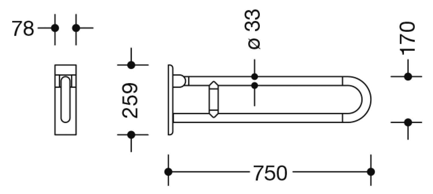 HEWI Stützklappgriff drehb. Ser 801, L:750mm, Stahlkern anthrazitgrau