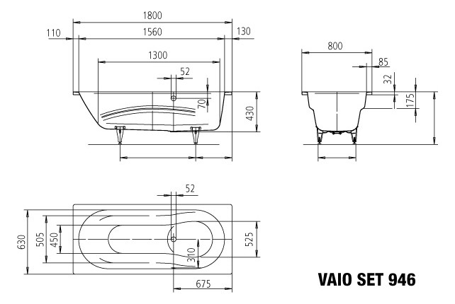 KA BW VAIO SET Mod.946,1800x800mm, alpinweiß,Invisible Grip