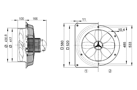Maico Axial-Wandventilator DZQ 40/6 B quadrat. Wandplatte, Drehstrom, DN400