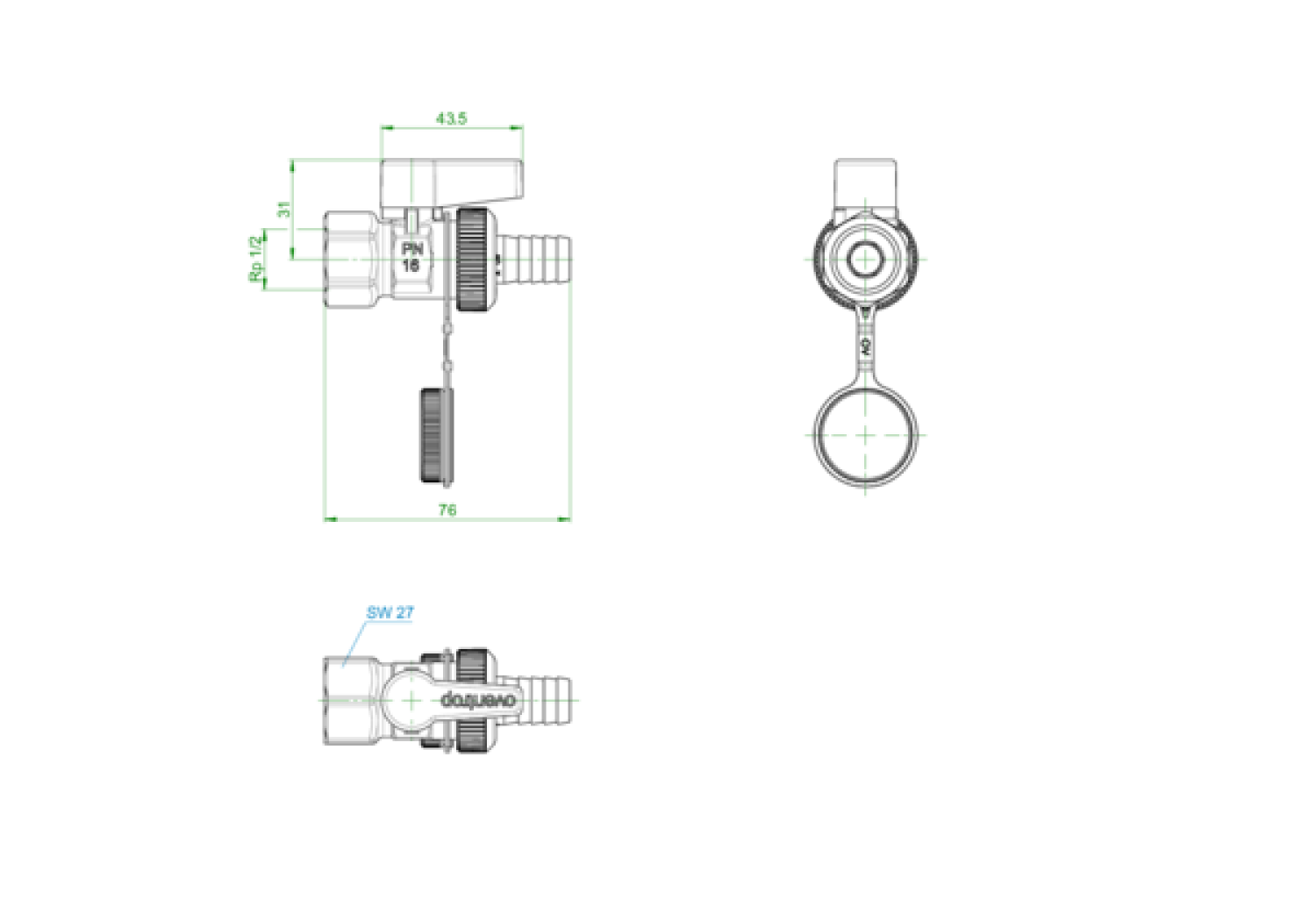 OVENTROP-Kugelhahn"Optiflex",DN15,1/2"IG mit Schlauchver.u.Verschlusskappe, Ms