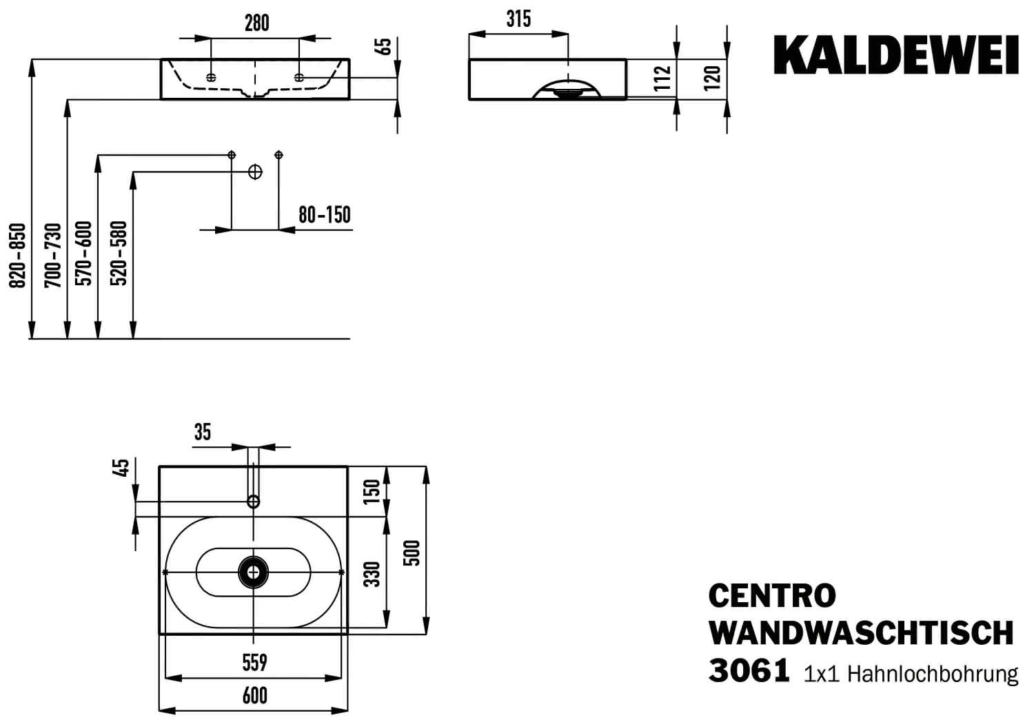 KA WB CENTRO WANDWASCHTISCH Mod.3061,600 x500mm,alpinweiß,Perl-Effekt,m. 1HL,oÜL