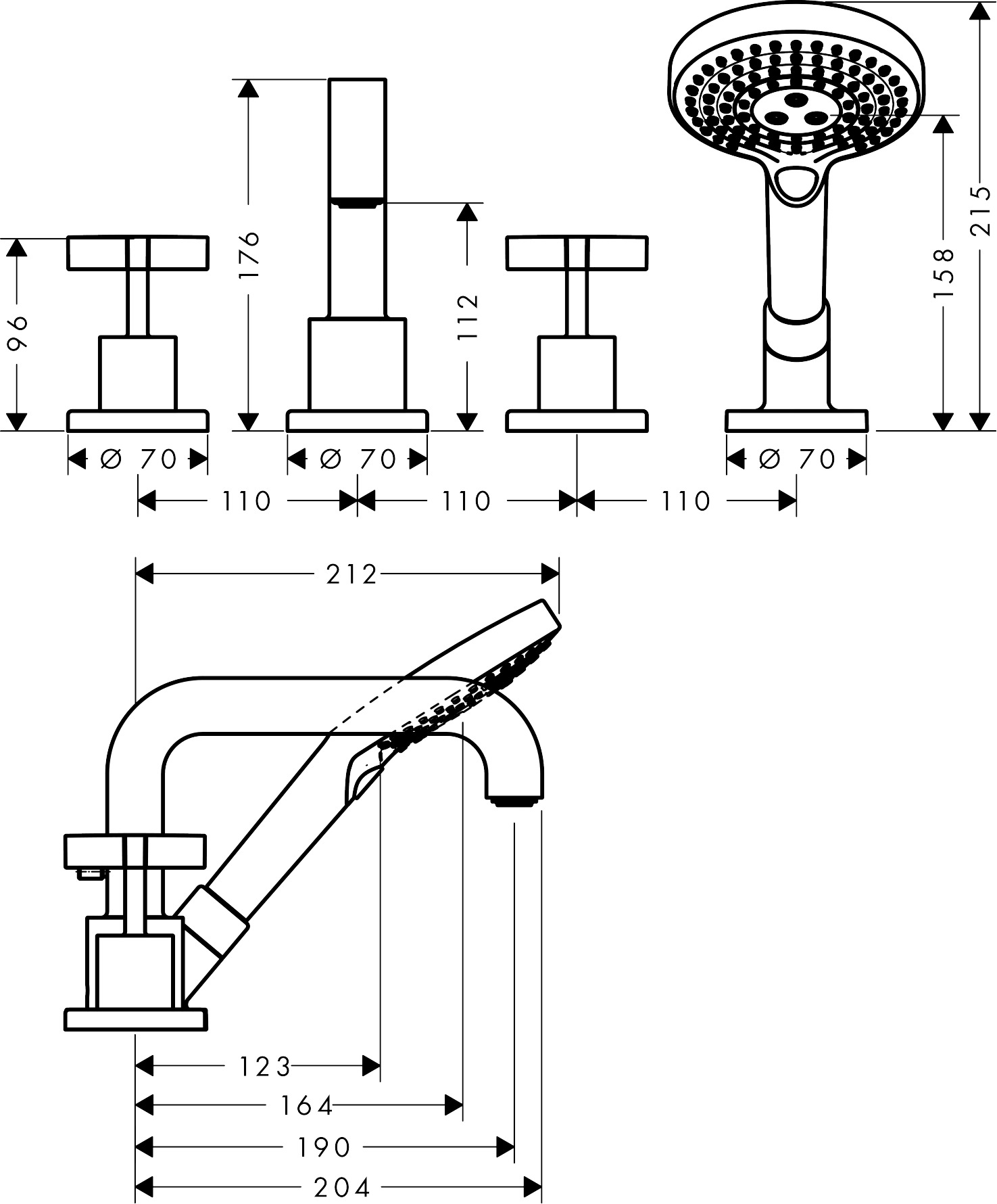 Hansgrohe 4-Loch Wannenarmatur Axor Citterio F-Set f.Fliesenrand BB mit Kreuzgriff