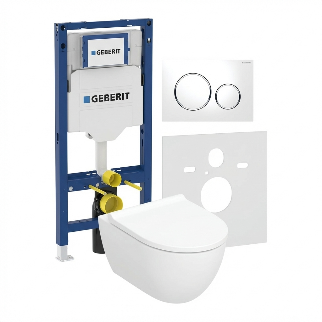 Gerberit Duofix Element für Wand-WC 112 cm inkl. Betätigungsplatte Sigma 20 und Geberit Acanto Wand WC Tiefspüler TurboFlush incl. WC-Sitz und Schallschutz