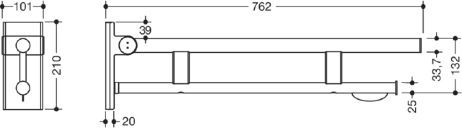 HEWI Stützklappgriff Duo (A), PRH, L:750mm, schliff