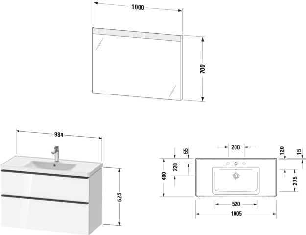 DU D-Neo Möbel-Set wandh. 1000x480mm WT,WTU Ausz 1,SBK 1,SP Eckig,Eiche Sch.