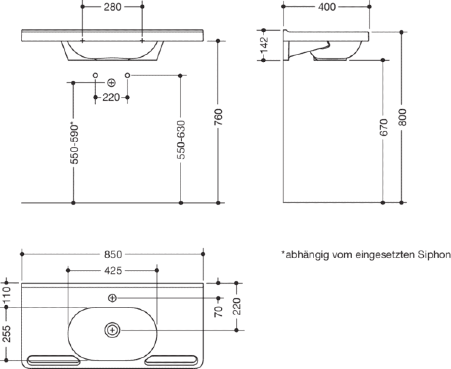 HEWI Waschtisch, Schwallkante, runde Mulde, 850x400mm, 1 HL