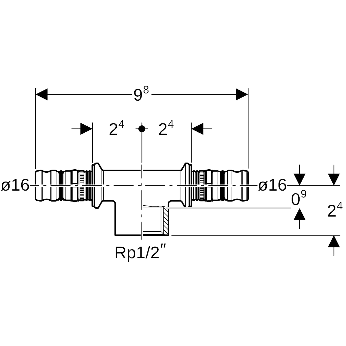 Geberit Mepla T-Stück im IG Rg d16-Rp1/2-16