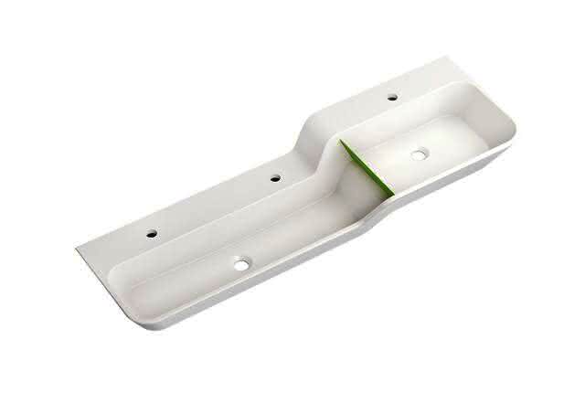 HEWI Waschtisch 1400mm, oberes Becken re 3HL, alpinweiß, Stauscheibe grün