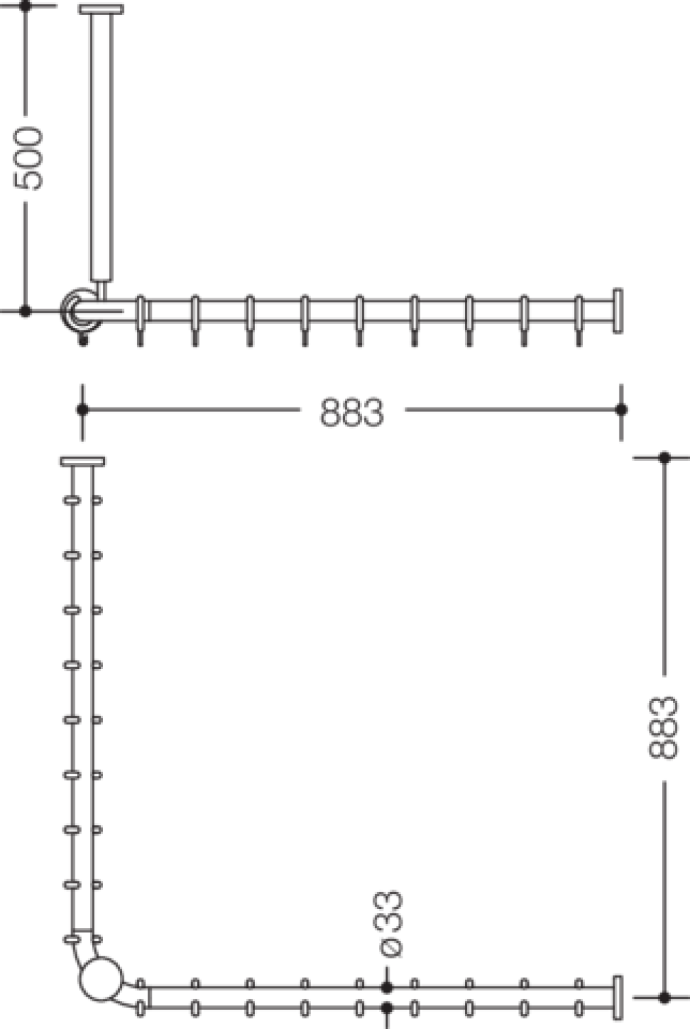 HEWI VH-Stange Ser 801,A1/2:883,kürzb., 18 Ringe, Deckenabh. A:500 signalweiß