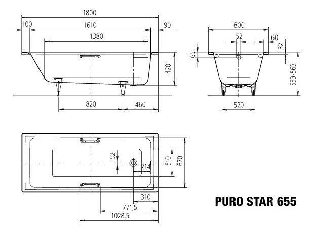 KA BW PURO STAR Mod.655,1800x800mm, alpinweiß,Invisible Grip
