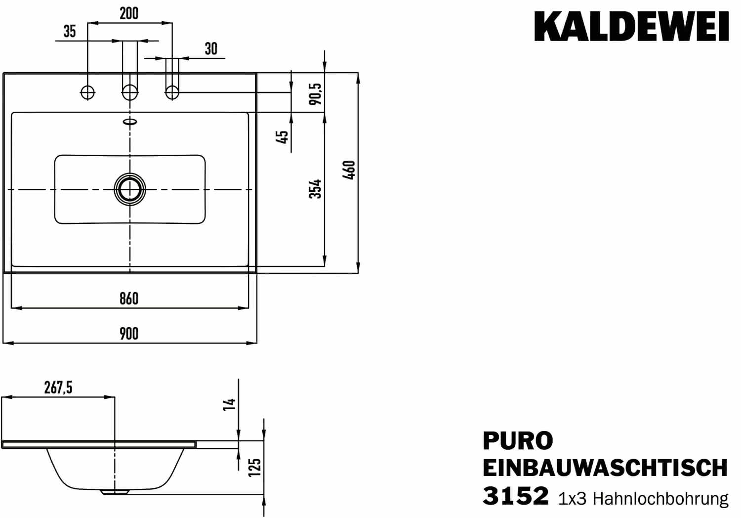 KA WB PURO EINBAUWASCHTISCH Mod.3152,900 x460mm,alpinweiß,PEFF,AD,m. 3HL,mÜL,chr