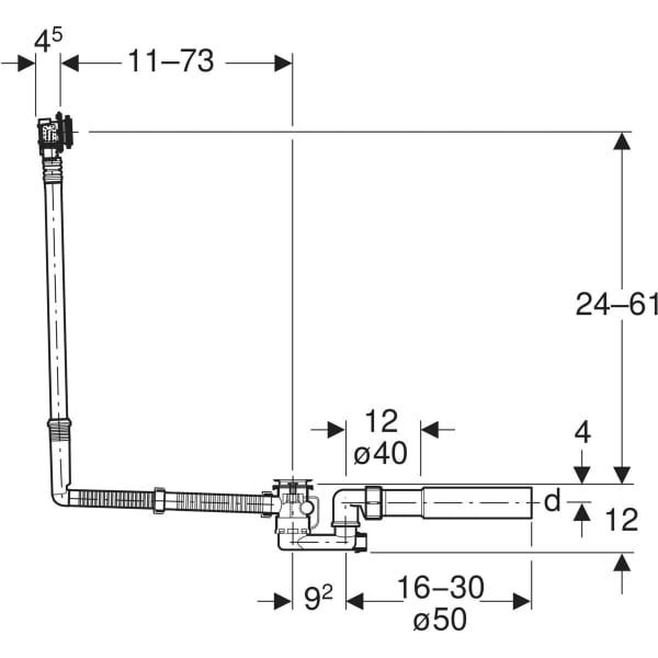 Geberit Badewannenablauf, d52 mit Drehbet. und Zulauf, Spezialgröße, DN40/50