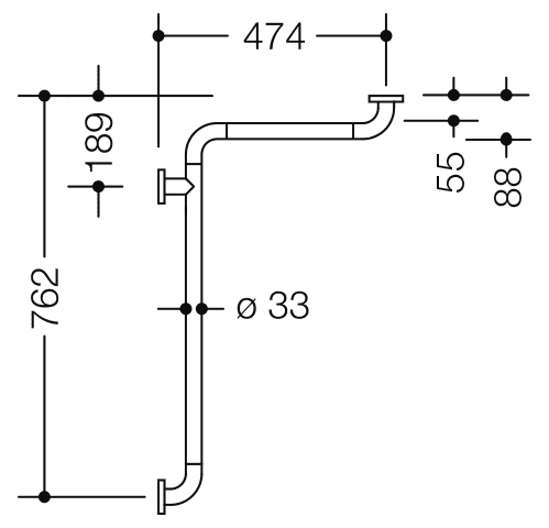 HEWI Dusch-Wannenhdl. Ser 801 d:33, W1:762mm, W2:474mm reinweiß