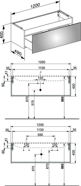 KEUCO WTU X-Line 33181, 1 Auszug, anthrazit/Glas anthrazit, 1200x400x490mm
