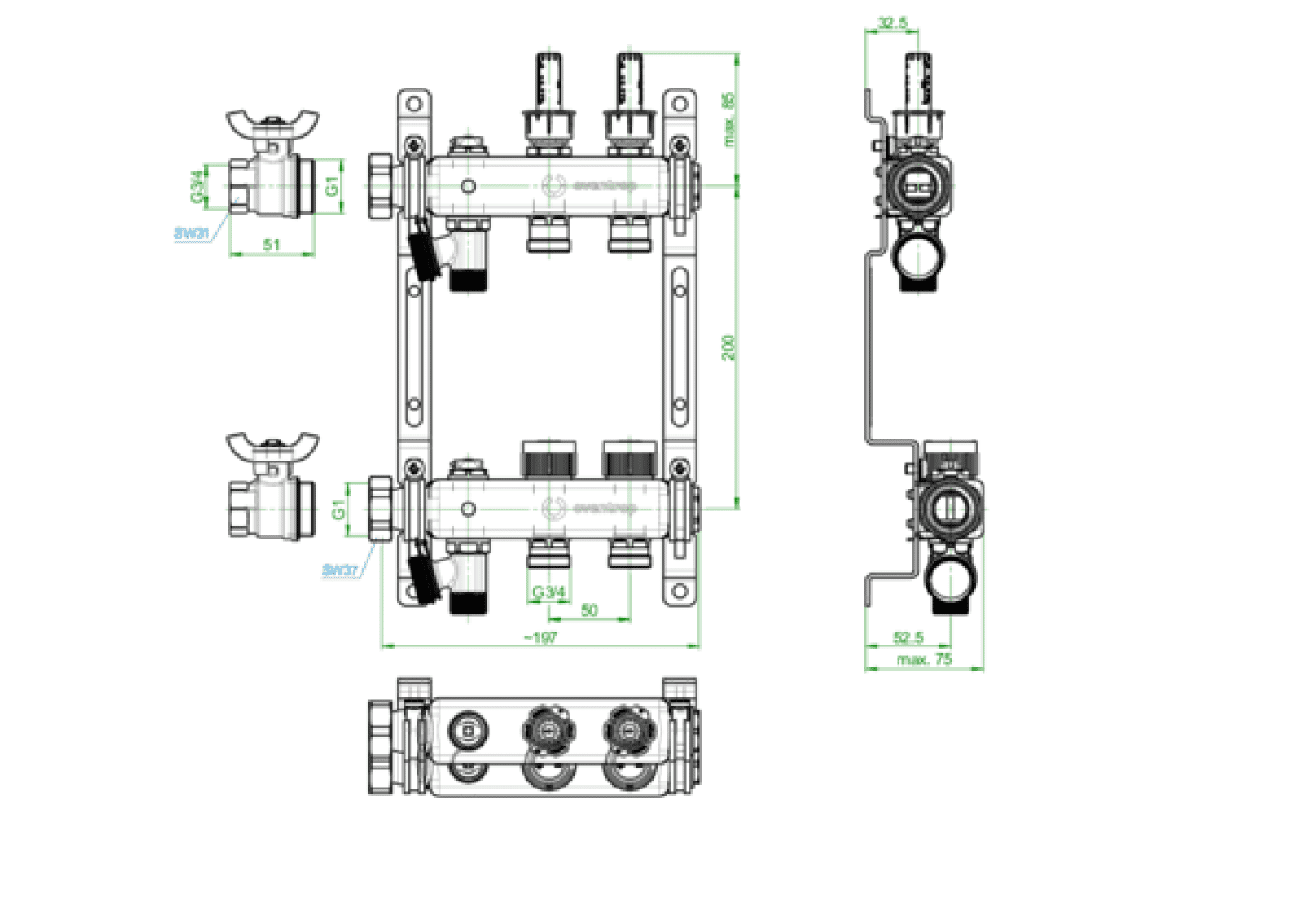 OVENTROP-Edelstahlverteiler 0-5 l/min., für 2 Kreise