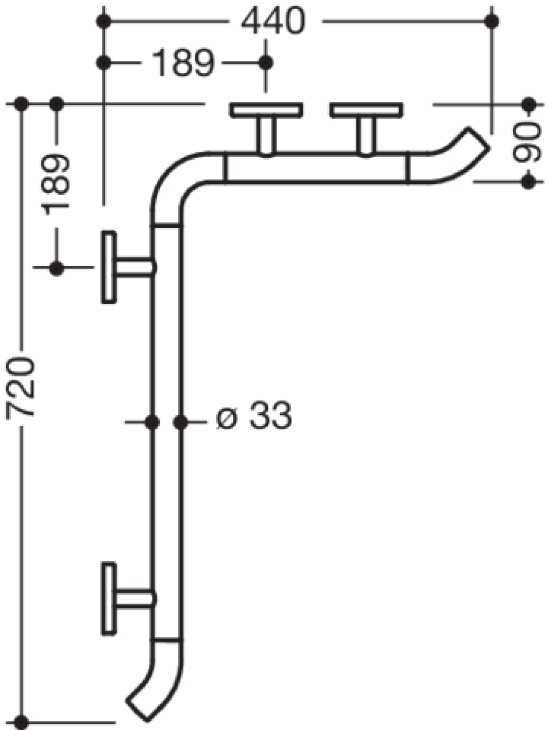HEWI Dusch-Wannenhdl.,W1:720mm,W2:440mm, d:33mm, Kst., chromoptisch beschichtet