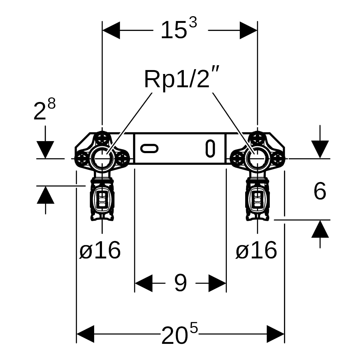 Geberit FlowFit Anschlusswinkel 90Gr vormontiert zweifach Rg+ d16-Rp1/2