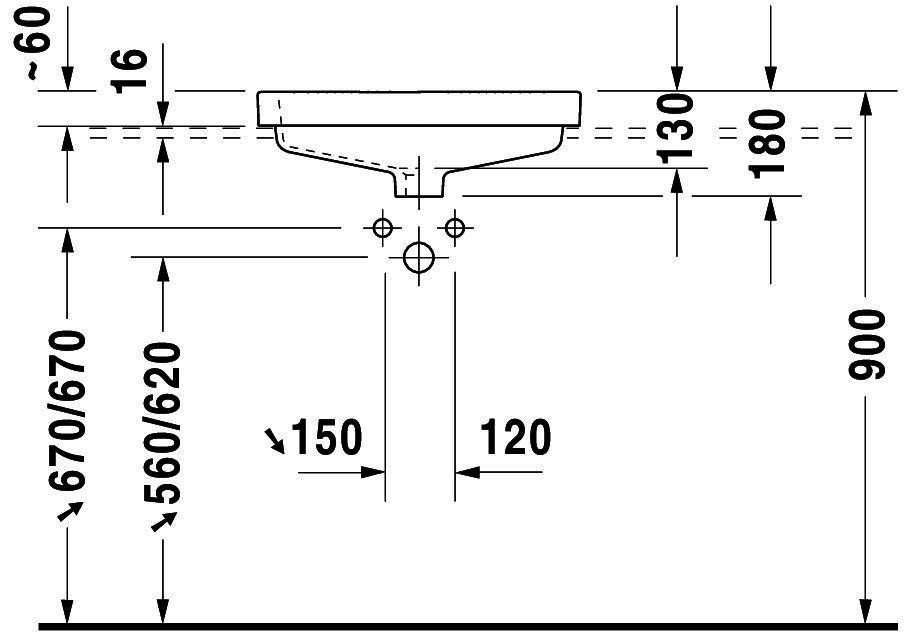 DU Einbauwaschtisch Vero 550 mm EB v.oben, m.ÜL, m.HLB, 1 HL, weiß WG