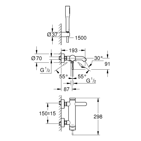 GROHE EH-Wannenbatterie Essence 25249_1 mit Brausegarnitur chrom