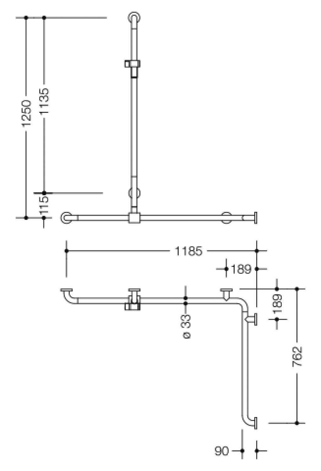 HEWI DU-Wannenhdl. m.Br.H.Stg. Ser 805, AM1:1250, W1:1185, W2:762 signalweiß