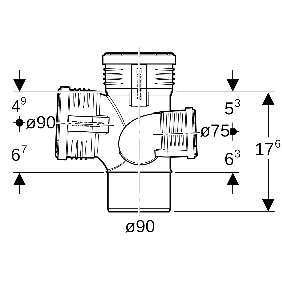 Geberit Silent-PP Schachtbogenabzweig 87,5Gr links d90/75/90