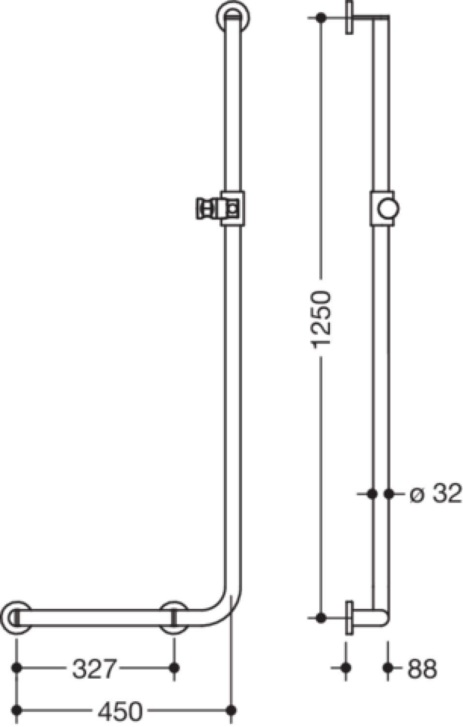 HEWI Winkelgriff m.Br.H.,d:32, A1:1250, W1:450,li,chr,Brh.Kst. signalweiß