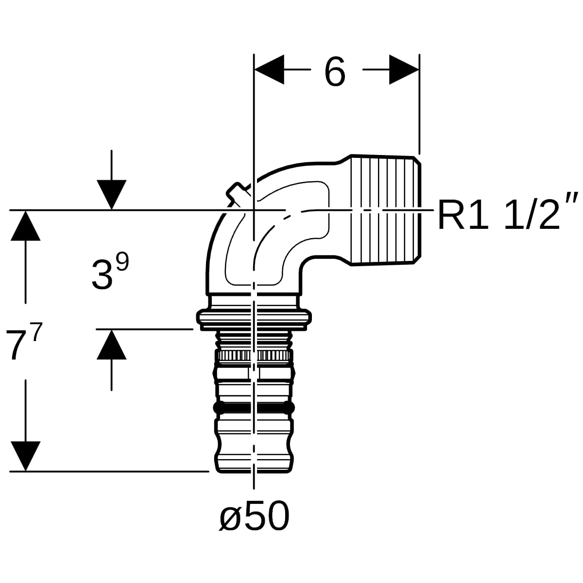 Geberit Mepla Übergangsbogen 90Gr mit AG Rg d50-R1 1/2