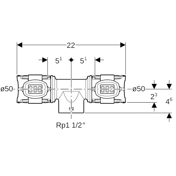 Geberit FlowFit T-Stück mit Innengewinde Rg+ d50-Rp1 1/2-50