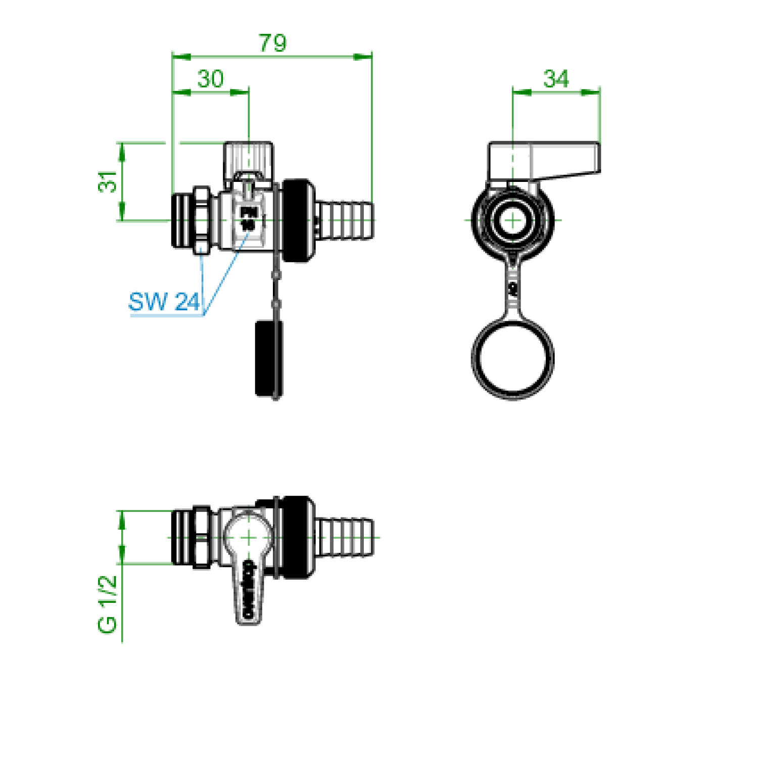 OVENTROP-Kugelhahn"Optiflex",DN15,1/2"AG Schlauchverschr.,Kappe, Ms,einzeln verp.