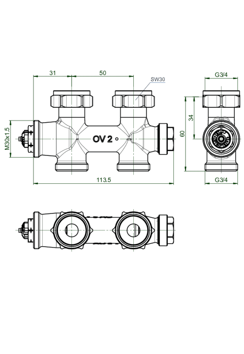 OVENTROP-Anschlussarmatur "Multiblock T" 3/4"ÜM x 3/4"AG, 2-Rohr, Messing, Dg