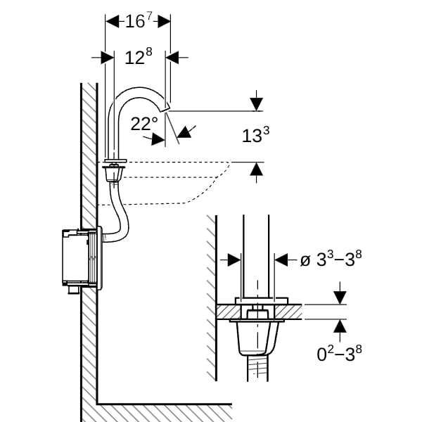 Geberit Piave WT-Arm., Standmontage, Netz für UP-Funkt.Box, m.Misch., hgl.verchr.