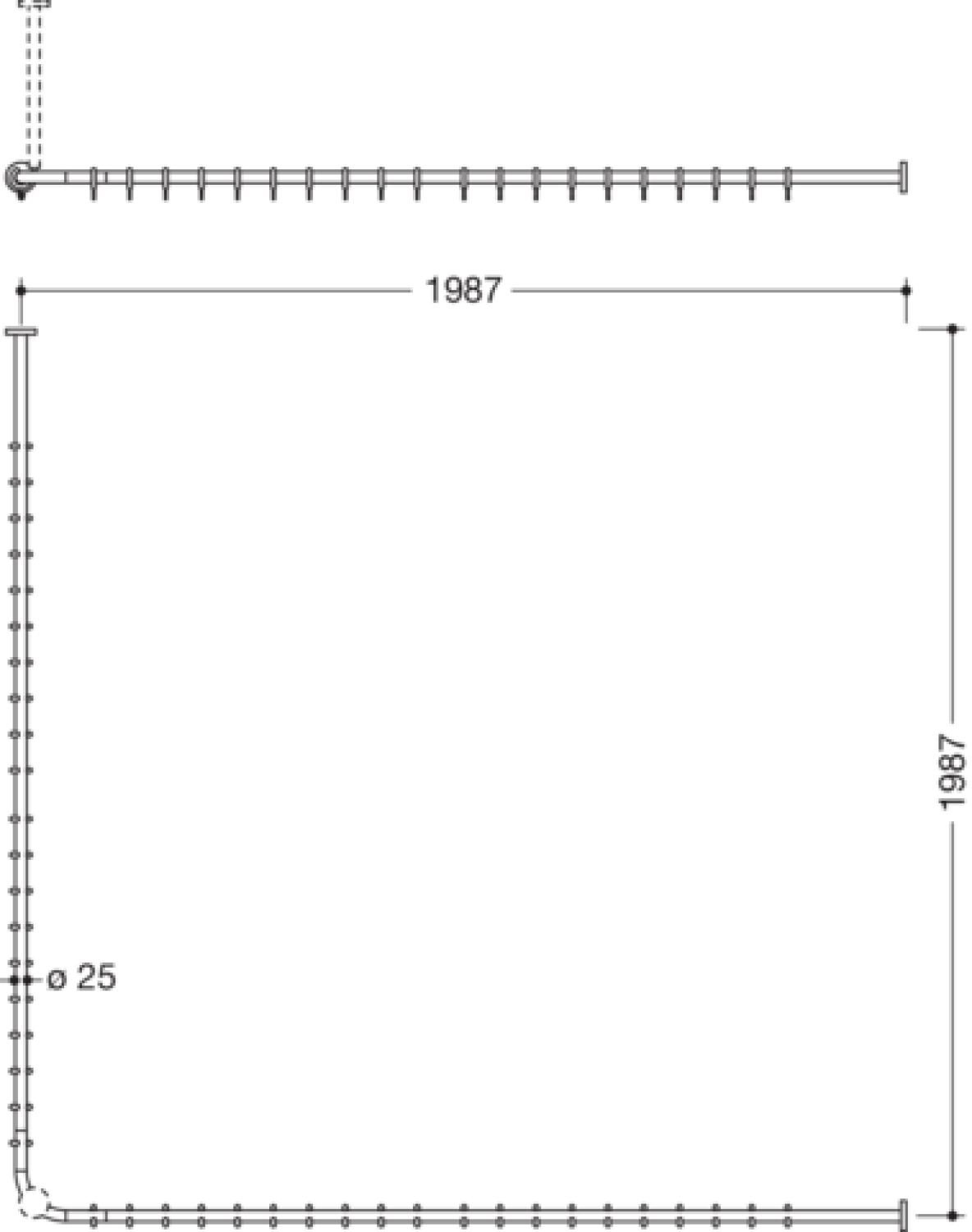 HEWI VH-Stange, d:25,A1/A2=1987, 40 Ringe, plvb dgrau tiefmatt