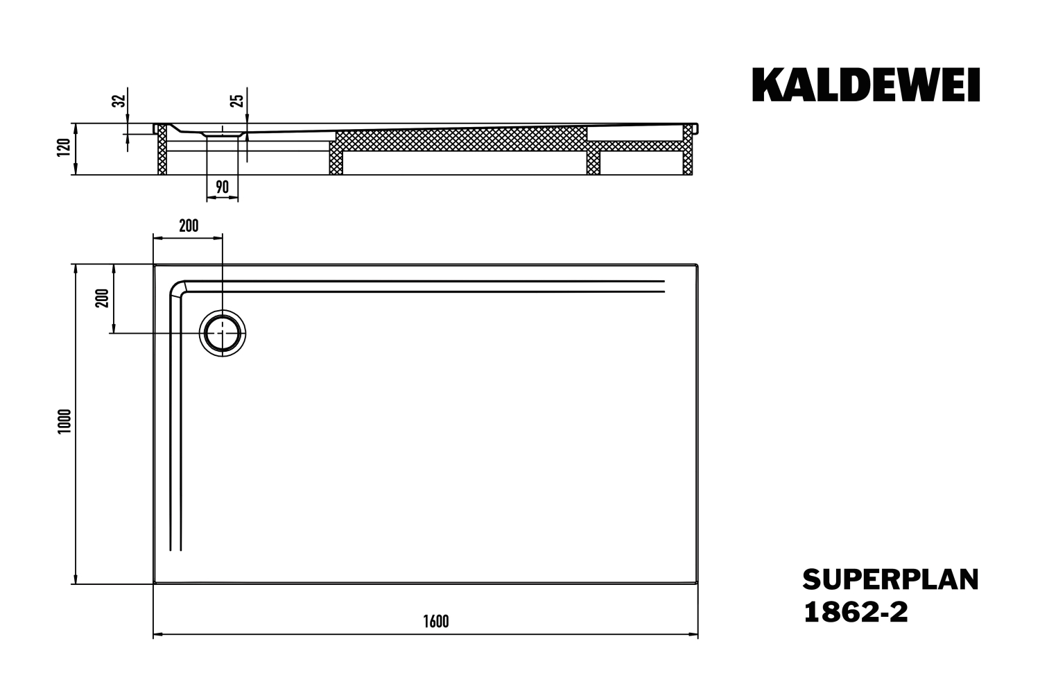 KA DW SUPERPLAN mit Wannenträger Mod. 1862-2,1000x1600mm,alpinweiß,SEC,m. WT