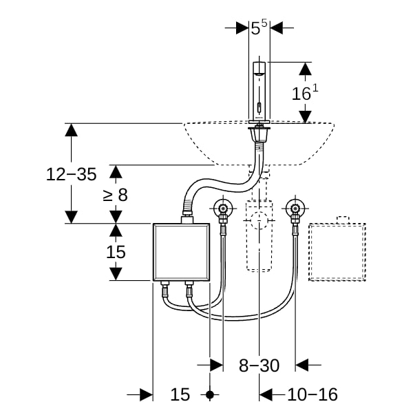 Geberit Brenta WT-Arm.,Standmontage, Batterie mit AP-Funkt.Box, m.Misch., edst.gebü.