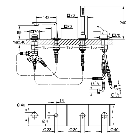 GROHE 4-Loch-EH-Wannenbatterie Allure 19316_1 Oberbau hard graphite gebürstet