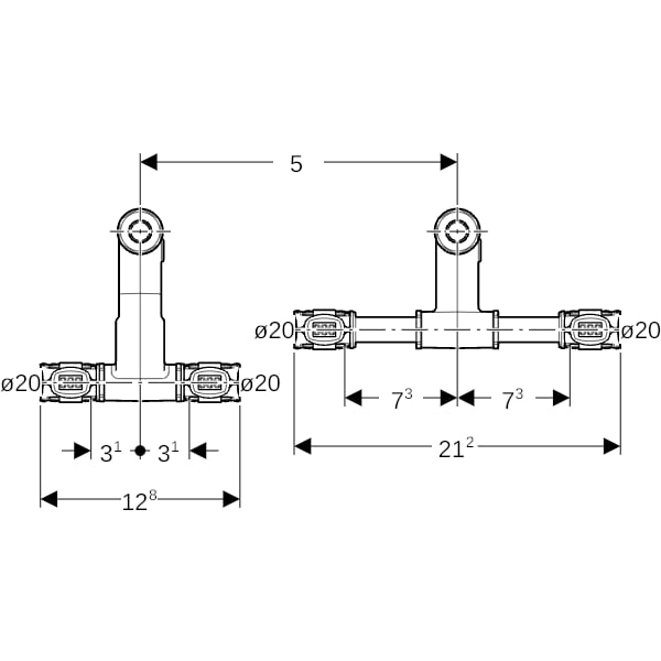 Geberit FlowFit Set Anschluss-T-Stück für Vorl./Rückl. SiBr d20-15-20
