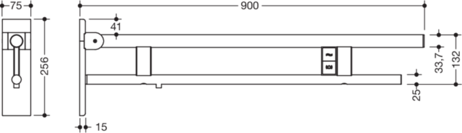 HEWI SK-Griff Duo (B),li,900,WC-Spül/FKT (E-Ausf.),chrom