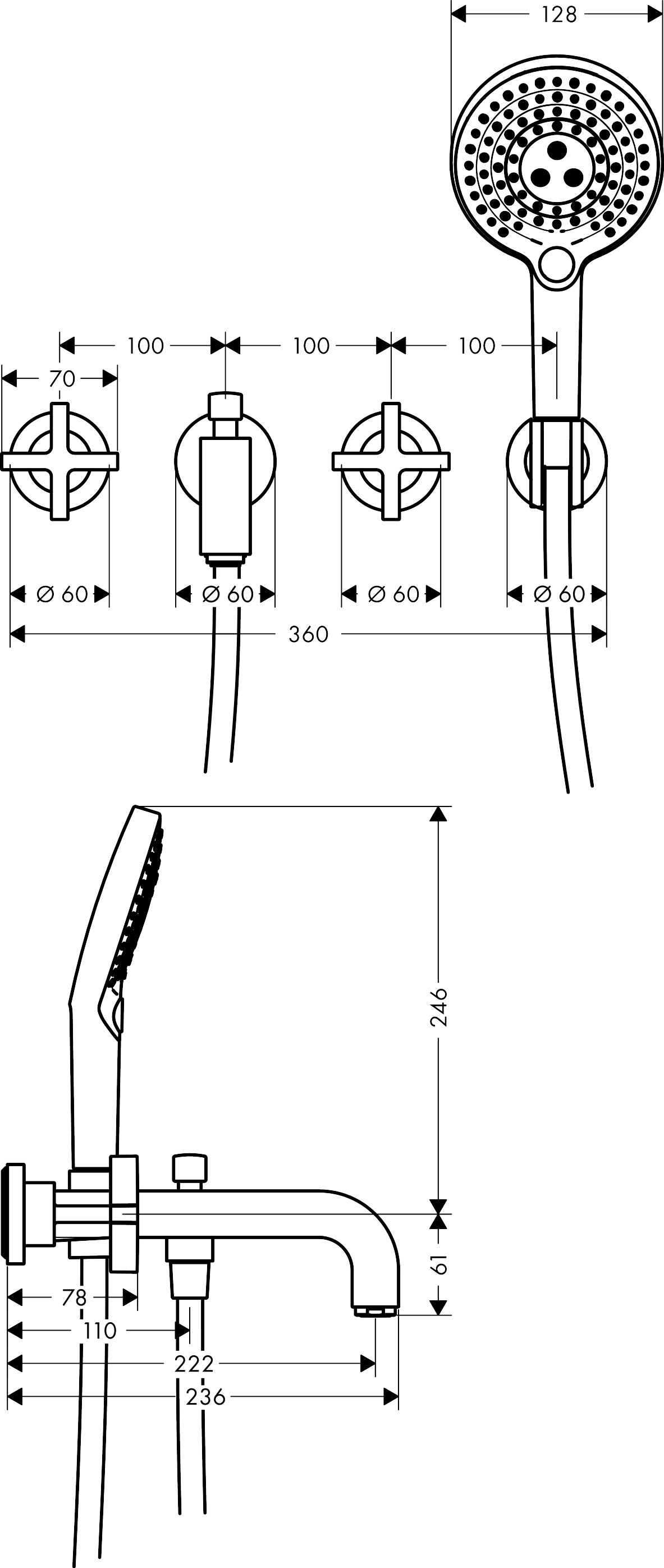 Hansgrohe 3-L.Wannenarmatur Axor Citterio F-Set Wand BGO Kreuzgriff/Handbr.ohne Platte