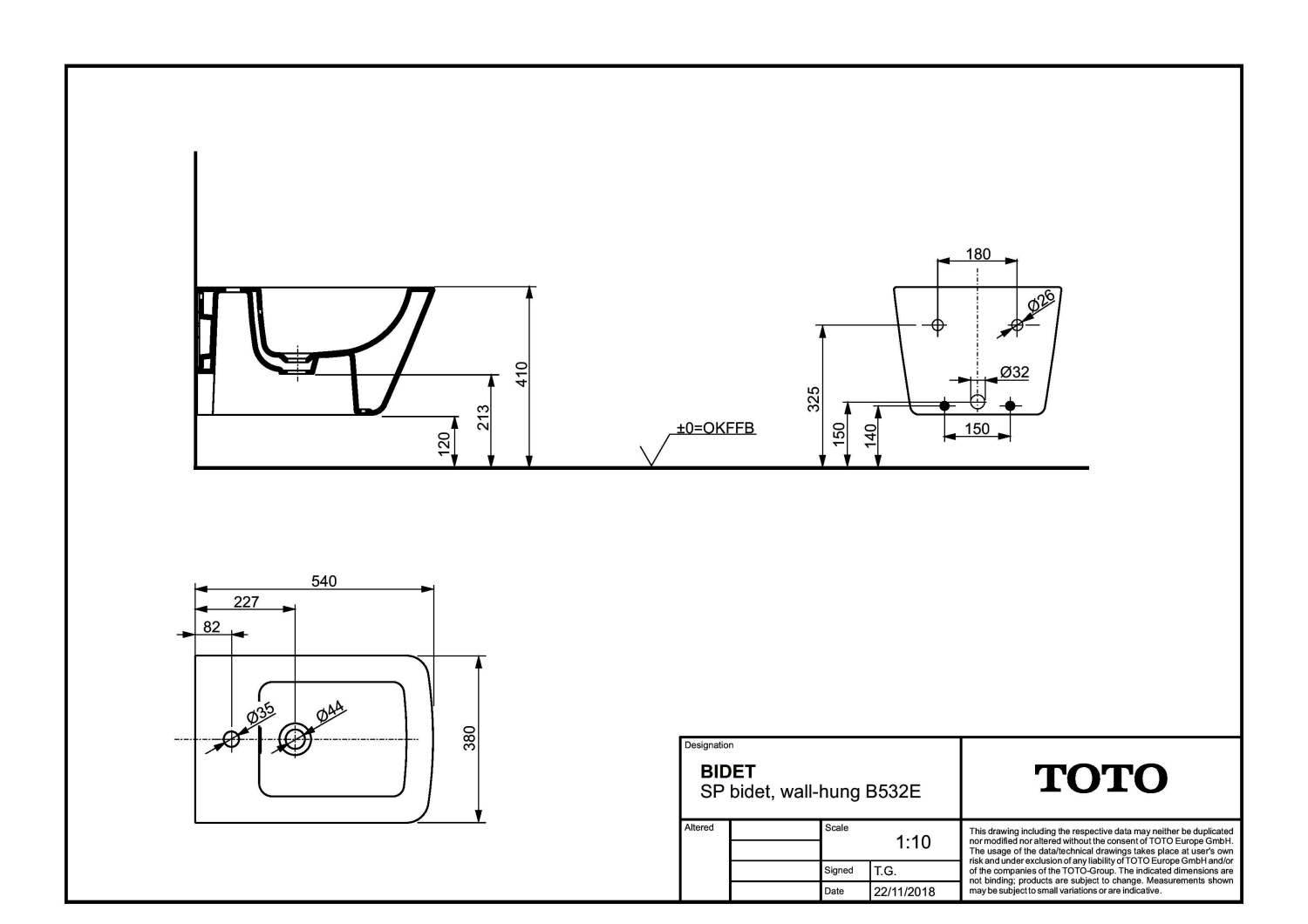 TOTO SP Bidet, wandhängend mit Hahnloch, mit Überlauf
