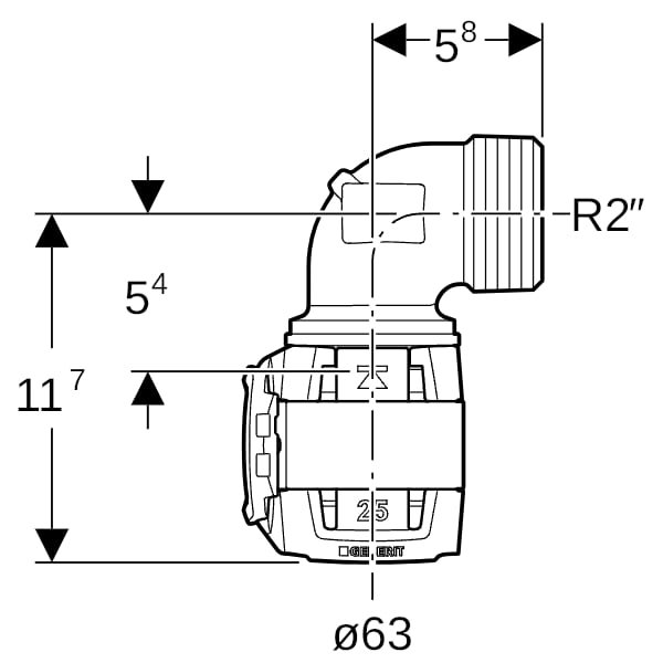 Geberit FlowFit Übergangsbogen 90Gr mit AG Rg+ 90Gr d63-R2