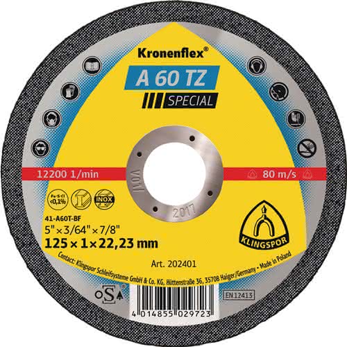 Trennscheibe A 60 TZ Special D125x1mm ger.INOX Bohr.22,23mm KLINGSPOR Trennscheibe A 60 TZ Special D125x1mm ger.INOX Bohr.22,23mm KLINGSPOR